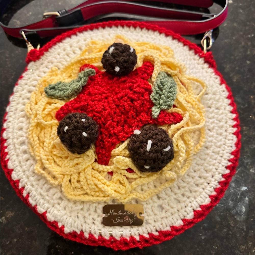 Handmade crochet bag spaghetti and meatballs one of a kind